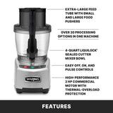 A Waring food processor with labeled features: extra-large feed tube, 4 qt batch bowl with LiquiLock seal system, over 20 processing options, easy controls, and a high-performance 2 HP motor with thermal-overload protection. FEATURES is written at the bottom.