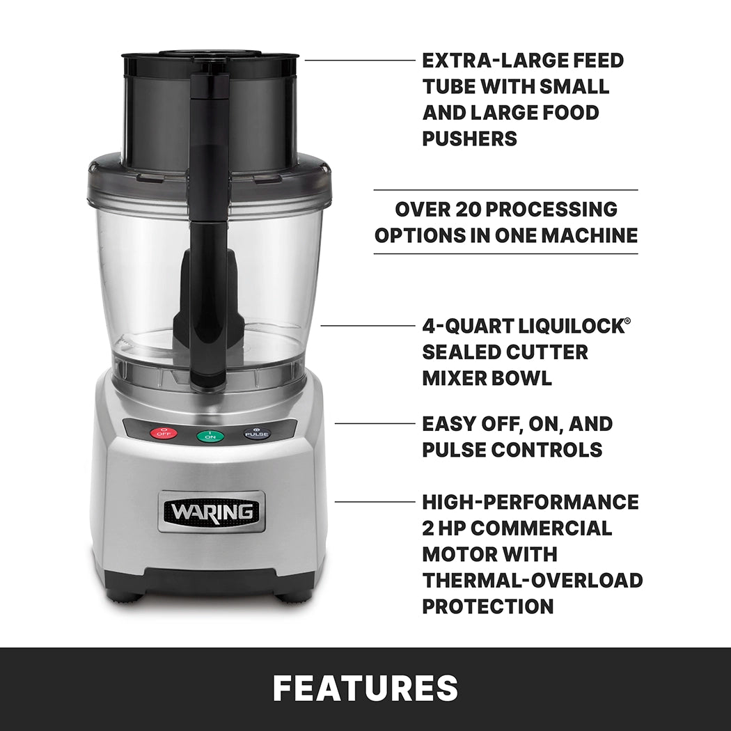 A Waring heavy duty food processor is shown with labeled features: extra-large feed tube, over 20 processing options, 4-quart LiquiLock seal system bowl, simple controls, and a 2 HP motor with overload protection. FEATURES is written at the bottom.