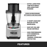 A Waring heavy duty food processor is shown with labeled features: extra-large feed tube, over 20 processing options, 4-quart LiquiLock seal system bowl, simple controls, and a 2 HP motor with overload protection. FEATURES is written at the bottom.