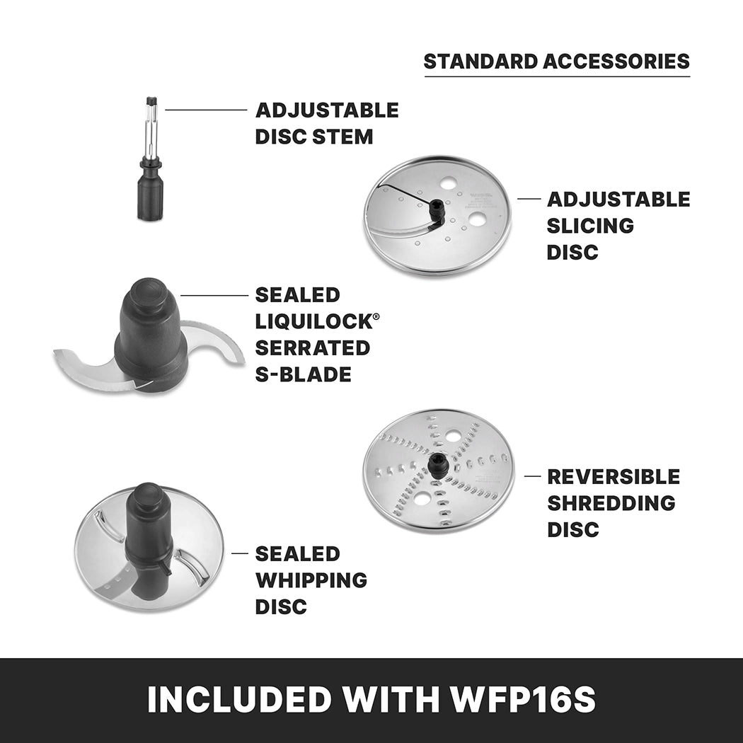 Four labeled food processor accessories are displayed on a white background: an adjustable disc stem, adjustable slicing disc, sealed LiquiLock serrated S-blade featuring the LiquiLock seal system, reversible shredding disc, and sealed whipping disc. Text says “Included with WFP16S.”.