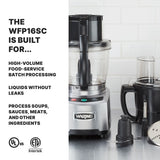 A silver Waring WFP16SCD combination food processor sits on a countertop with accessories. Text reads: “THE WFP16SC IS BUILT FOR… High-volume batch bowl processing, liquids without leaks, process soups, sauces, meats, and more.” UL and Intertek logos are below.
