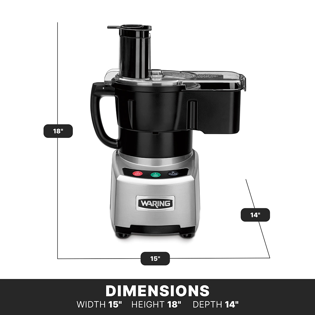 A Waring WFP16SCD combination food processor with a black and silver base, three colored buttons, and a clear container is shown. Labeled dimensions are: width 15 inches, height 18 inches, depth 14 inches. Text reads DIMENSIONS.