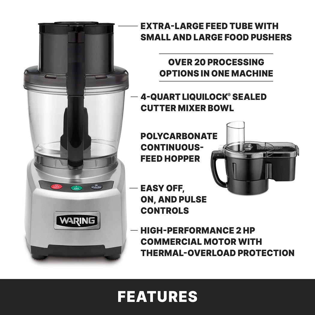 A gray Waring WFP16SCD combination food processor with labeled features: extra-large feed tube, 20+ processing options, 4-quart sealed bowl, polycarbonate hopper, easy on/off/pulse controls, and a high-performance 2 HP motor. Features highlighted at bottom.