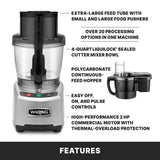 A commercial Food Processor with labeled features: extra-large feed tube, over 20 processing options, LiquiLock seal system in a 4-quart sealed bowl, polycarbonate continuous-feed hopper, easy controls, and a 2 HP motor with overload protection. Features listed below.