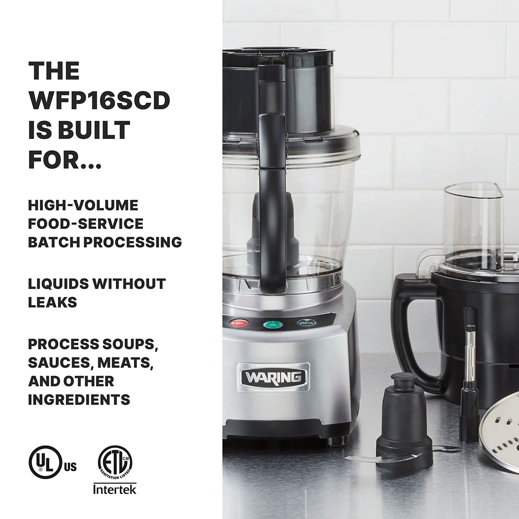 A Waring combination food processor sits on a kitchen counter near its attachments. Text highlights features: built for high-volume food-service processing, handles liquids without leaks, processes soups, sauces, meats, and more. Certification logos are shown.