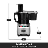 A black and silver Waring combination food processor sits against a white background. Dimensions are labeled: 15 wide, 18 high, 14 deep. The base has three buttons—red, green, and blue. The lid and chute are transparent black.