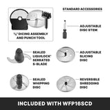 Labeled image displays parts included with the Waring WFP16SCDE combination food processor: 3/8 dicing assembly and punch tool, adjustable disc stem, sealed LiquiLock serrated S-blade, adjustable slicing disc, and more for continuous-feed batch bowl use.