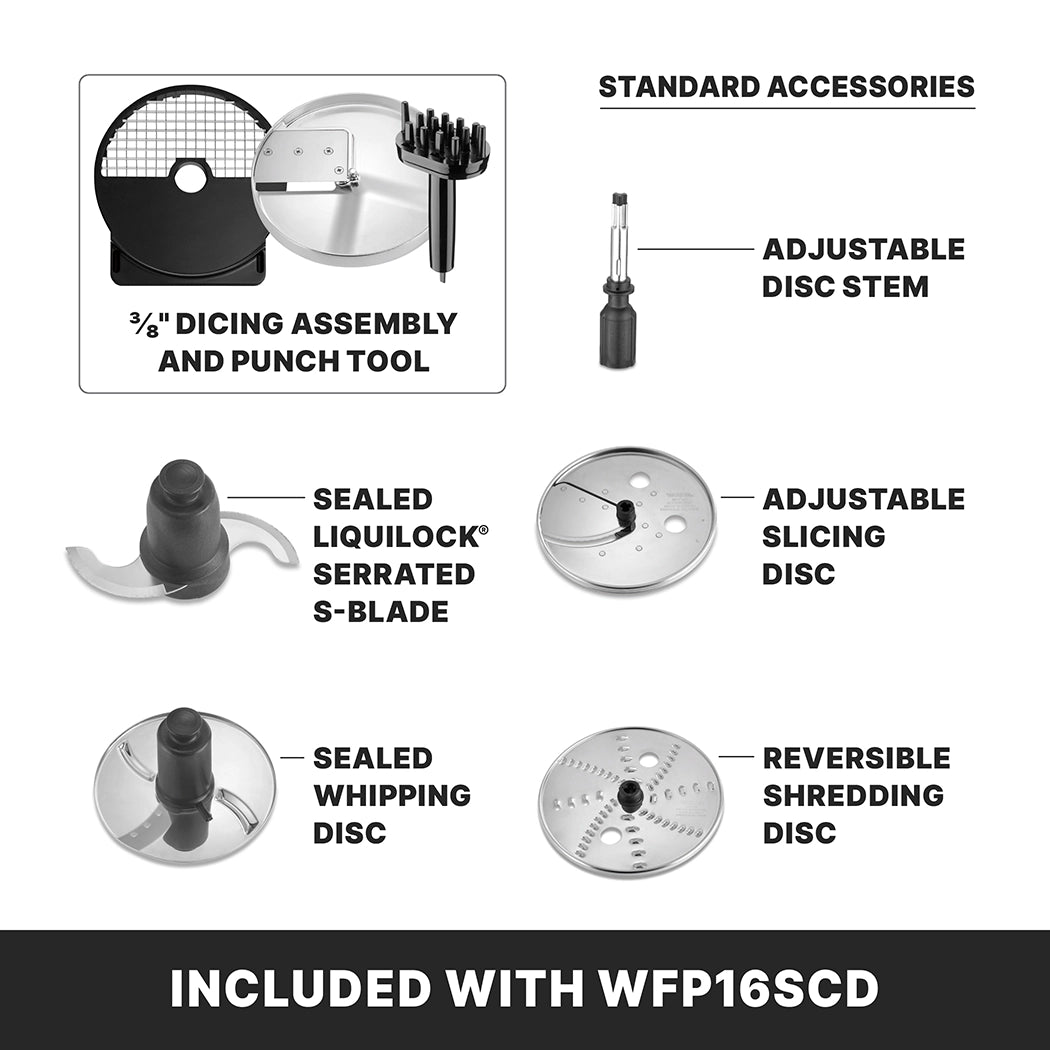 Black and white graphic showing five combination food processor accessories: dicing assembly and punch tool, adjustable disc stem, LiquiLock S-blade, whipping disc, adjustable slicing disc, and reversible shredding disc. Text reads: Included with WFP16SCD.