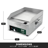 The Waring countertop electric griddle features a 14" x 16" cooking surface, raised side and back splashes, front panel controls with power light, and sturdy black feet. Dimensions: width 17", height 9.75", depth 22.25". Stainless steel construction.