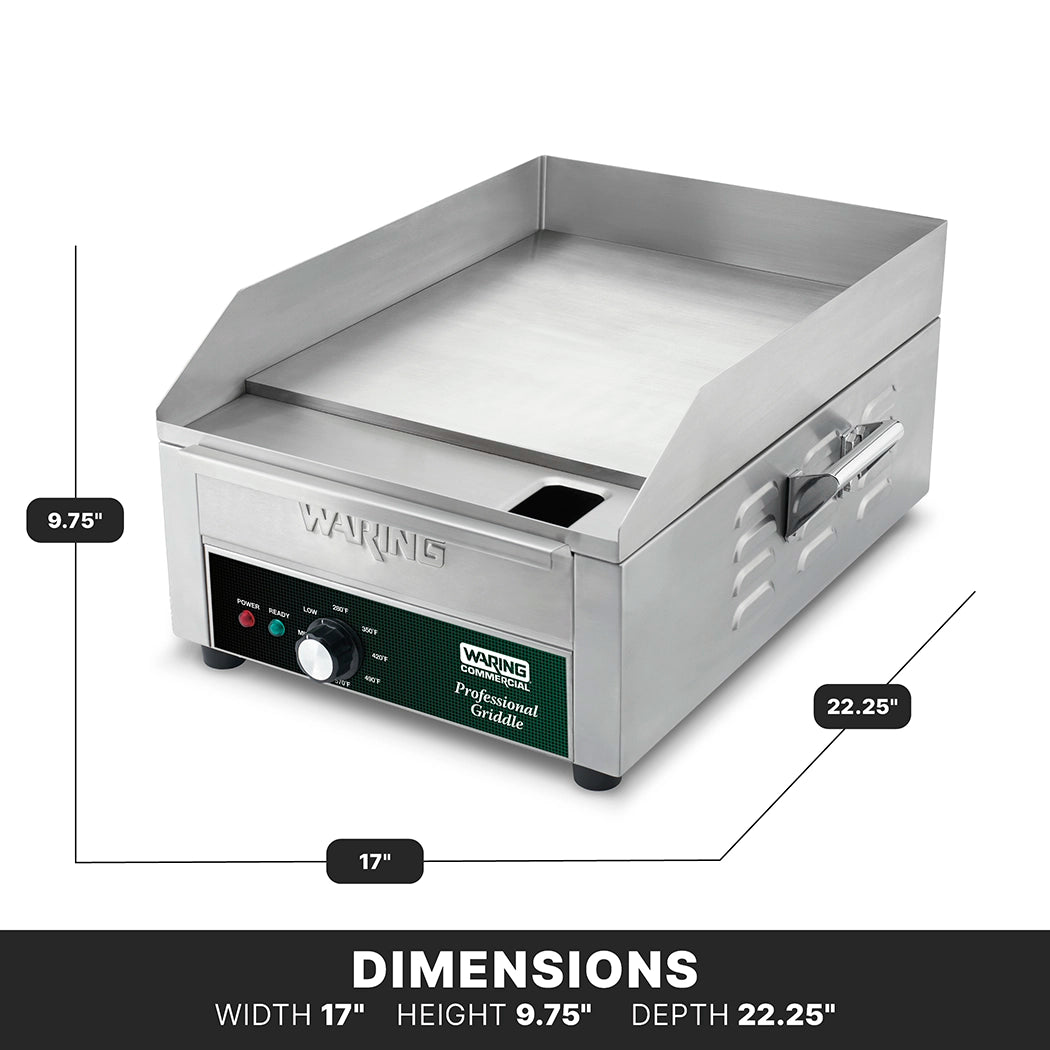 The Waring Countertop Electric Griddle features a stainless steel flat cooking surface, raised rear and side splash guards, control knob, and labeled dimensions: width 17", height 9.75", depth 22.25". Designed for international use with sturdy black stubby legs.