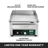 The Waring Countertop Electric Griddle features a 14x16 stainless steel grilling surface, extra-tall splash guards, and an adjustable thermostat up to 570°F for International Use. Control knob and power switch on front. LIMITED ONE-YEAR WARRANTY.