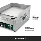 Close-up of a Waring countertop electric griddle with heat-resistant handles and brushed stainless steel. The 14" x 16" cooking surface, control knob, and branding label are shown. White background; text reads FEATURES below.