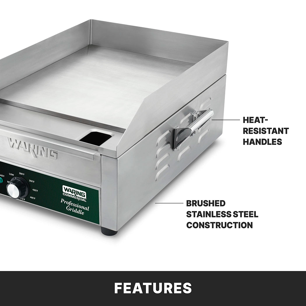 Close-up of a Waring countertop electric griddle showing heat-resistant handles and brushed stainless steel construction. FEATURES is labeled at the bottom, with arrows pointing to highlighted parts for international use.