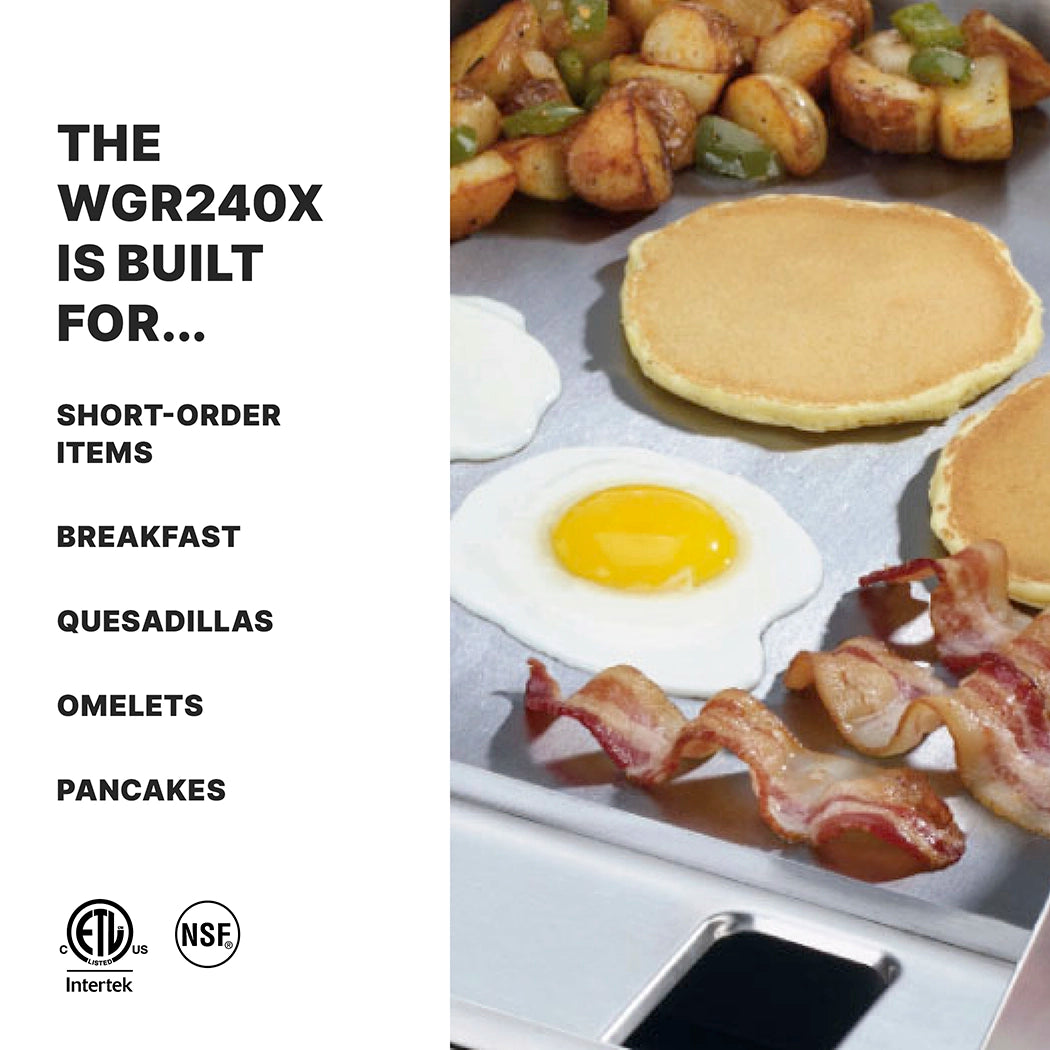 A close-up of a Waring Countertop Electric Griddle with a 24" x 16" cooking surface: two fried eggs, pancakes, bacon strips, and potatoes with peppers. On the left, bold text lists breakfast favorites. Certification logos are below.