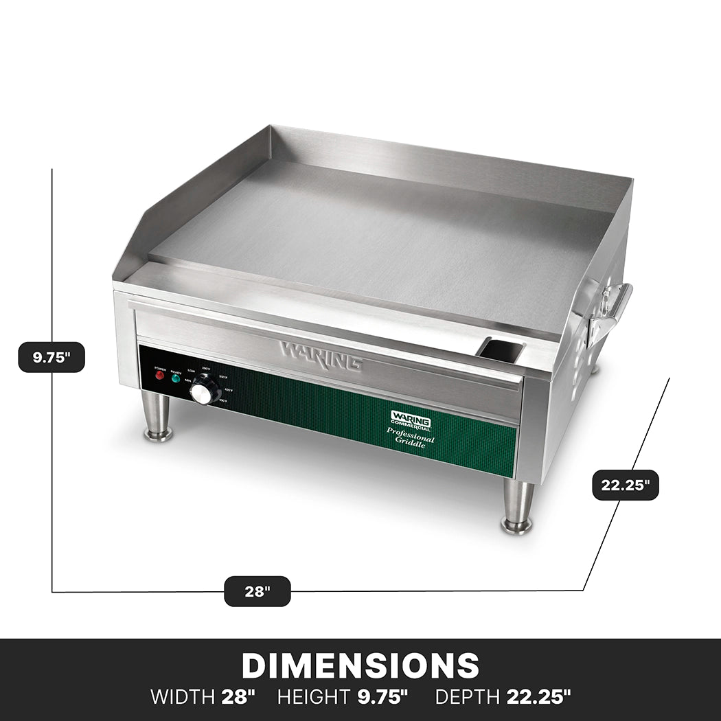 The Waring Countertop Electric Griddle features a 24" x 16" cooking surface, stainless steel build, smooth flat top, raised sides, control knobs, indicator lights, and sturdy legs. Dimensions: width 28", height 9.75", depth 22.25".