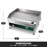 The Waring Countertop Electric Griddle features a 24" x 16" cooking surface, stainless steel build, smooth flat top, raised sides, control knobs, indicator lights, and sturdy legs. Dimensions: width 28", height 9.75", depth 22.25".