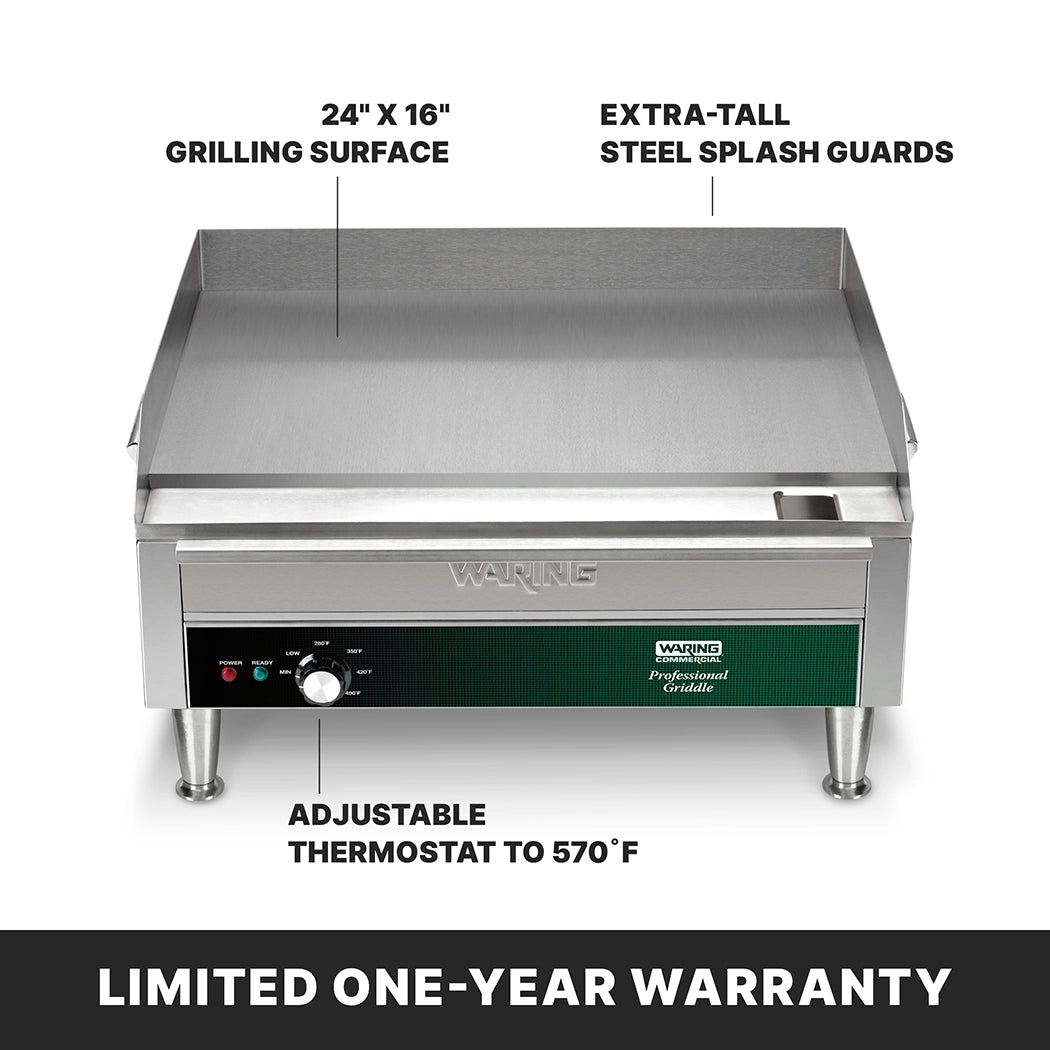 The Waring Countertop Electric Griddle features a 24" x 16" cooking surface, extra-tall splash guards, and an adjustable thermostat up to 570°F. A limited one-year warranty is highlighted at the bottom.