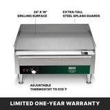The Waring Countertop Electric Griddle features a 24" x 16" cooking surface, extra-tall splash guards, and an adjustable thermostat up to 570°F. A limited one-year warranty is highlighted at the bottom.