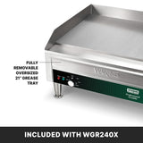A close-up of the Waring Countertop Electric Griddle showcases its control panel and large, removable grease tray. Text highlights the tray feature and spacious 24" x 16" cooking surface. Bottom banner reads, INCLUDED WITH WGR240X in bold white letters.