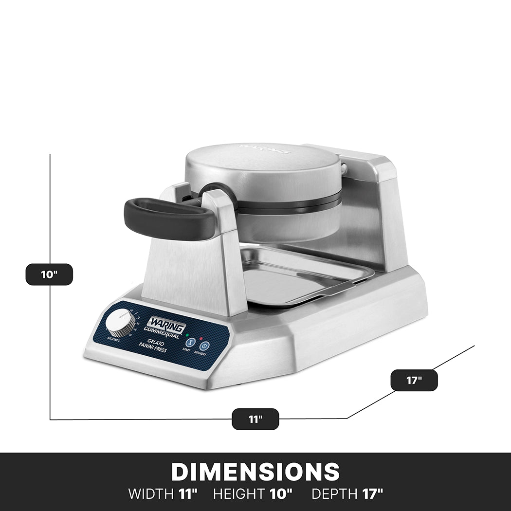 A heavy duty stainless steel waffle maker with a round top, black handle, and control panel is shown. Dimensions are 11 inches wide, 10 inches high, and 17 inches deep. The non-stick cooking surface features buttons and a Waring logo.
