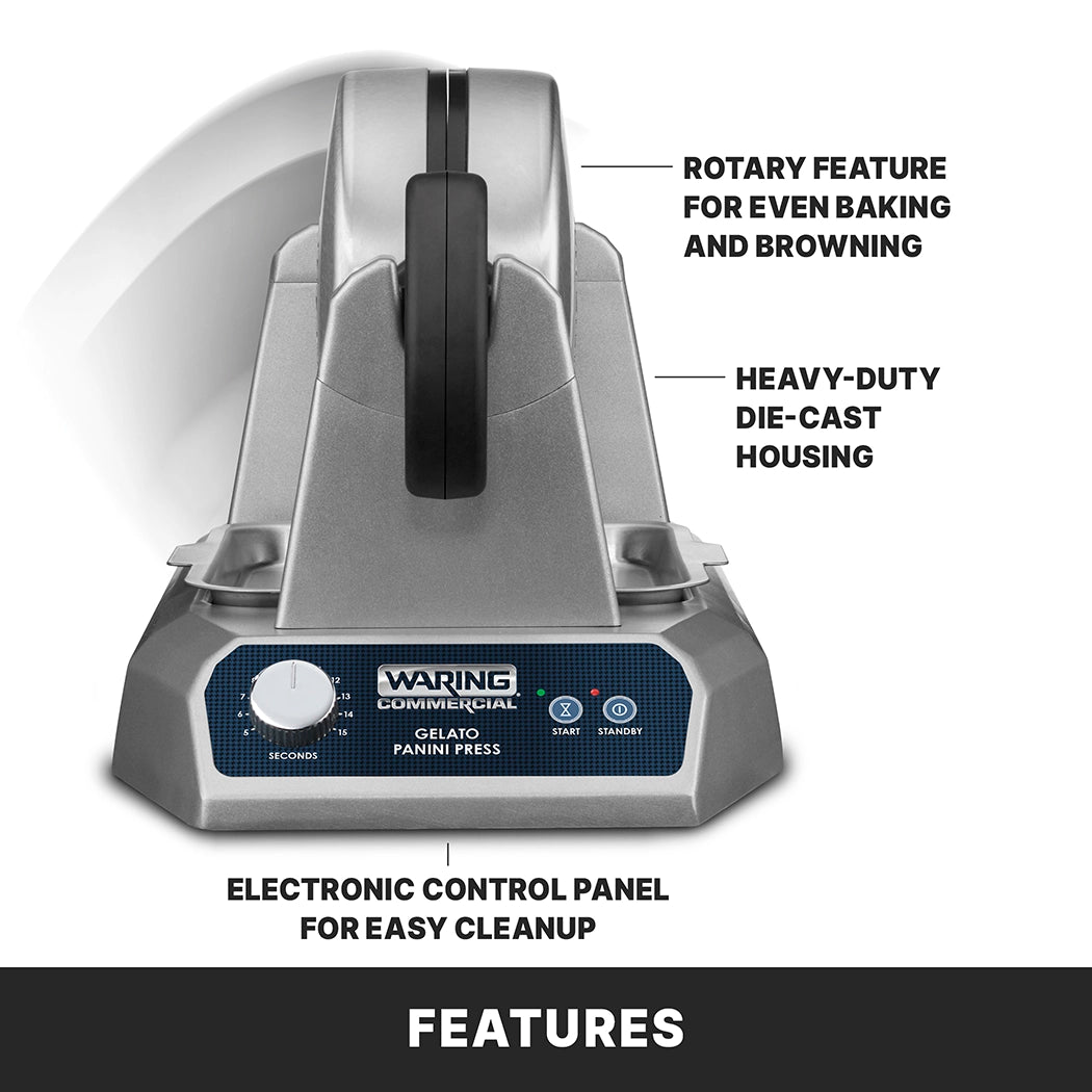 A silver Waring Gelato Panini Press is shown. Labeled features include a rotary feature for even baking, heavy duty die-cast housing, a non-stick cooking surface, and an electronic control panel with buttons for start and standby, plus a seconds display. “FEATURES” is written below.
