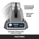 A silver Waring Gelato Panini Press is shown. Labeled features include a rotary feature for even baking, heavy duty die-cast housing, a non-stick cooking surface, and an electronic control panel with buttons for start and standby, plus a seconds display. “FEATURES” is written below.