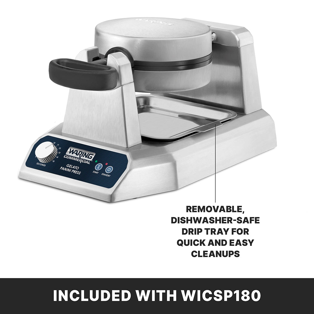 A silver Waring waffle maker with a black handle, heavy duty non-stick cooking surface, and a removable, dishwasher-safe drip tray. The blue control panel is at the front. A black bar below reads, INCLUDED WITH WICSP180.