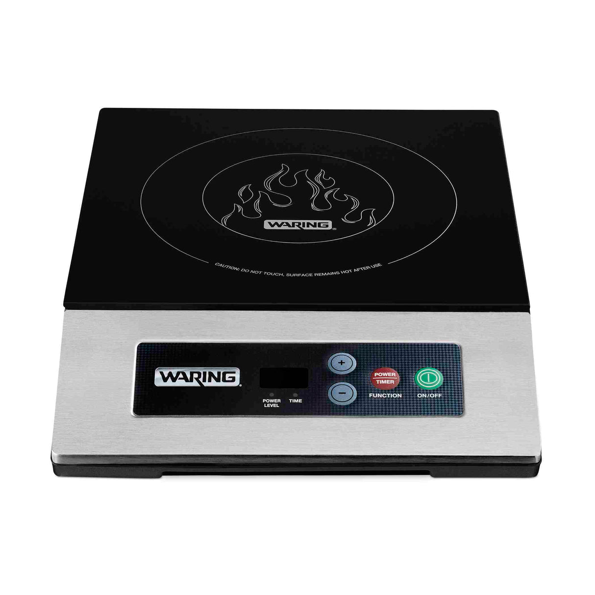 A black and silver Waring countertop induction range with a digital control panel. The single hob surface features a flame icon and caution text, while the panel includes a display, power, function, on/off buttons, and indicator lights.