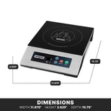 A sleek black and silver Waring Induction Range single hob cooktop with digital controls. Perfect for any countertop, it measures 11.875" wide, 2.625" high, and 15.75" deep with a flame design on the surface. DIMENSIONS text is shown below.