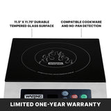 A black Waring countertop Induction Range featuring a single hob with a circular cooking zone and flame design on its 11.5” x 11.75” tempered glass surface. Text highlights durable glass and compatible cookware, with a Limited One-Year Warranty banner below.