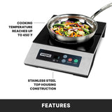A stainless steel Induction Range single hob cooktop with a digital display is shown heating a pan of mixed vegetables. Text highlights cooking temperatures up to 450°F and durable stainless steel countertop housing construction.