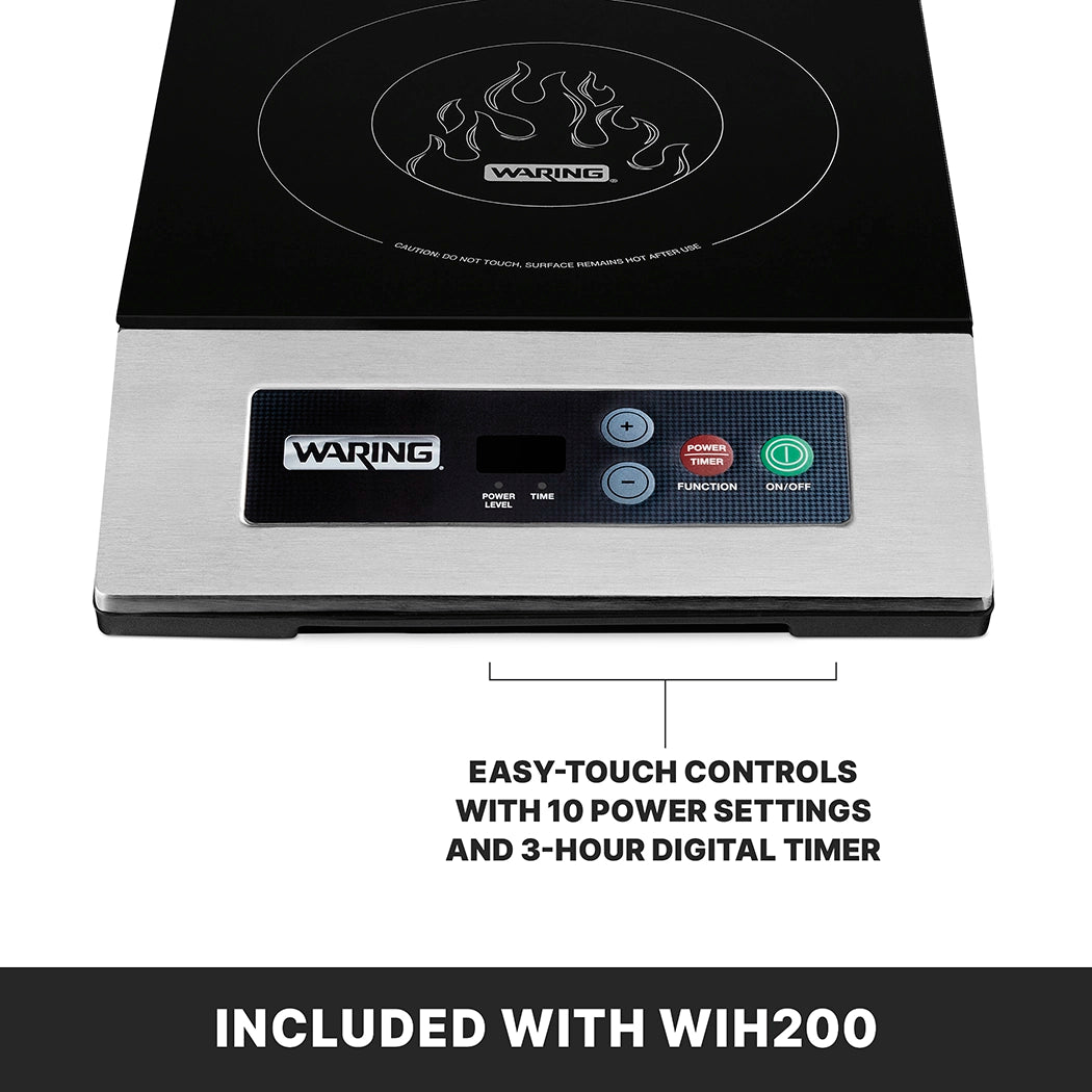 A black and silver Waring single hob induction cooktop with a flame graphic on the surface. The front panel features an LED display and easy-touch controls for power, timer, function, and on/off. Text highlights 10 power settings and a 3-hour timer.