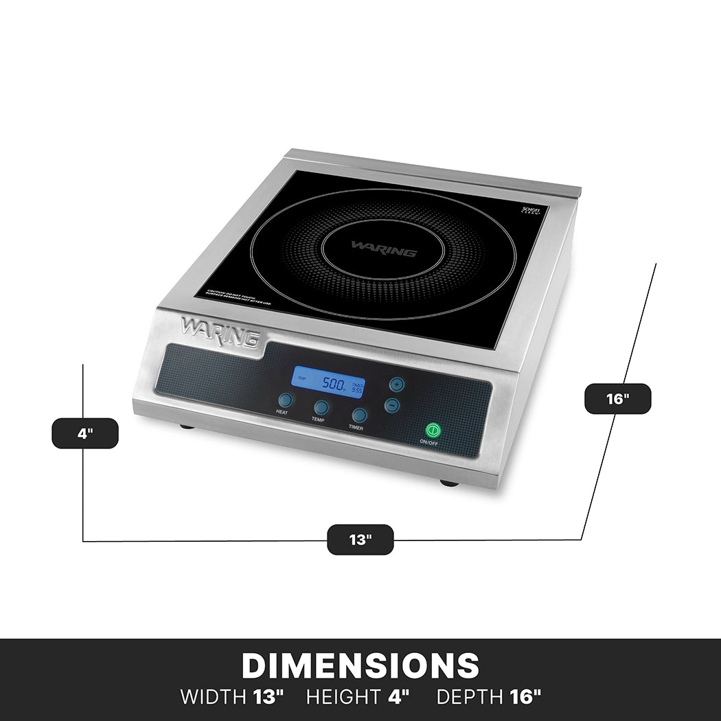 A stainless steel Waring countertop Induction Range with a digital display, touch buttons, and a black glass heating surface. The single hob cooktop’s dimensions are 13 inches wide, 4 inches high, and 16 inches deep.