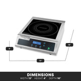 A stainless steel Waring countertop Induction Range with a digital display, touch buttons, and a black glass heating surface. The single hob cooktop’s dimensions are 13 inches wide, 4 inches high, and 16 inches deep.