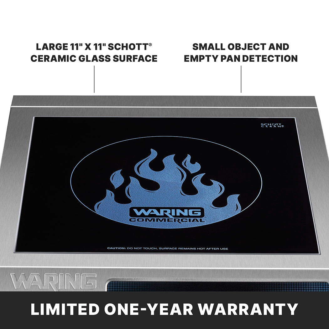 A Waring commercial single hob induction cooktop is shown with a black, 11x11 SCHOTT ceramic glass surface featuring a blue flame design and “Small object and empty pan detection.” Banner reads: “Limited one-year warranty.” Perfect for countertop use.