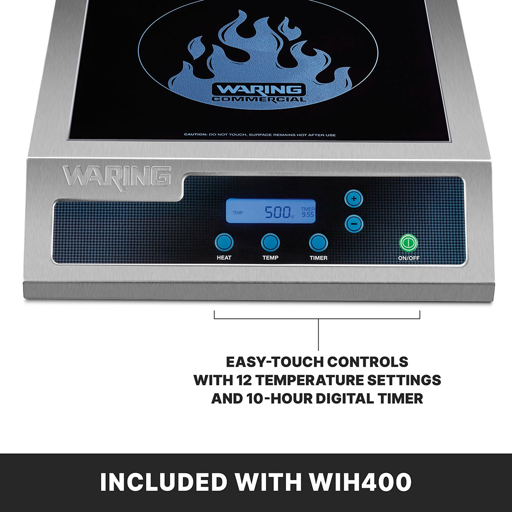 A stainless steel Waring commercial countertop Induction Range features a digital display, touch controls for heat, temperature, timer, and on/off. An illustrated blue flame appears on the black single hob cooktop with 12 temperature settings and a 10-hour timer.