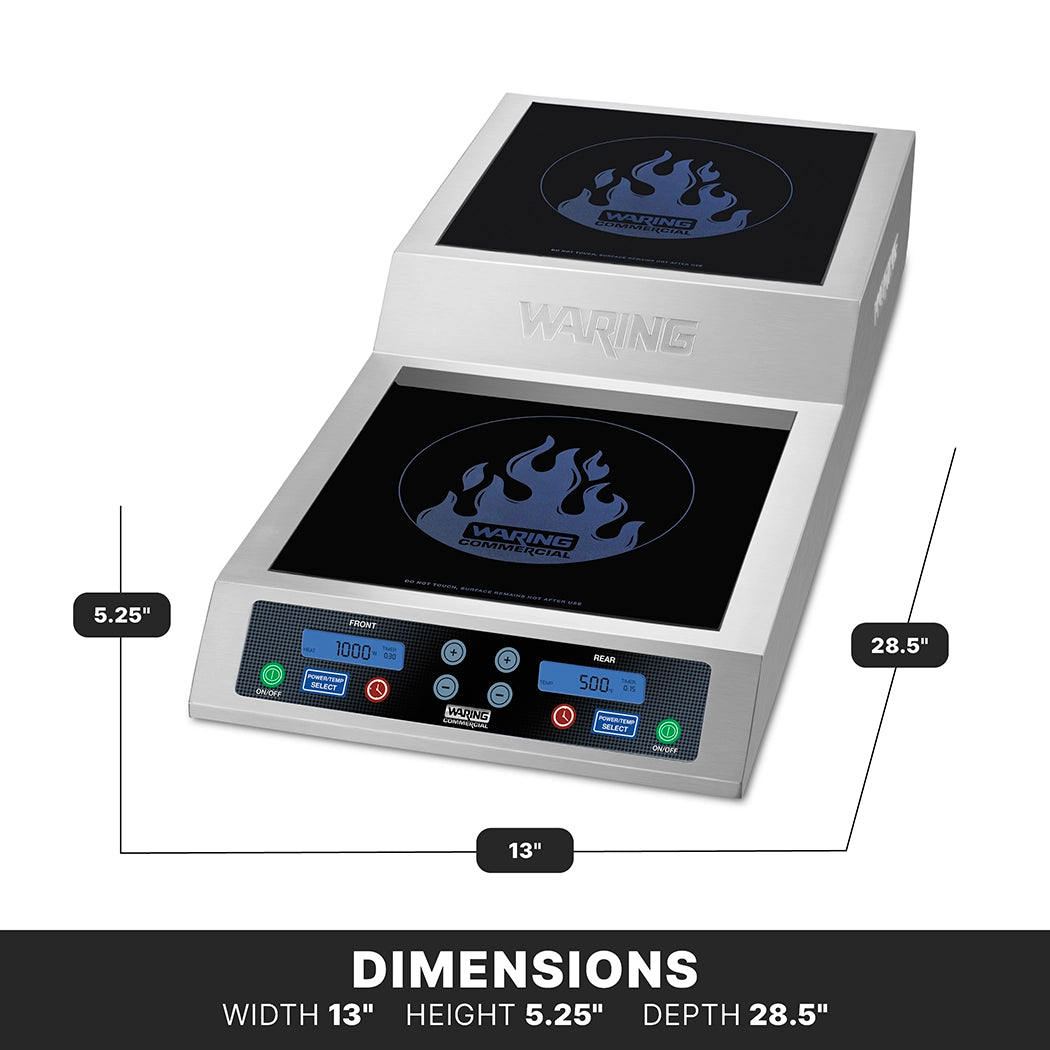 A countertop double hob induction range by Waring featuring stainless steel, digital controls, and blue LED displays. Measuring 13" wide, 5.25" high, and 28.5" deep; burners display flame graphics on their sleek black surfaces.