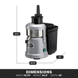 A silver and black heavy duty countertop juice extractor with a cylindrical body, side waste container for continuous pulp ejection, and black plunger. Overlay lines mark dimensions: height 24.5 in, width 10.75 in, depth 18 in. DIMENSIONS listed below.