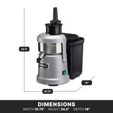 A silver and black heavy duty Juice Extractor with a cylindrical base, side waste bin for continuous pulp ejection, and a green power button. Dimensions: 24.5" tall, 10.75" wide, 18" deep. Displayed against a white background.