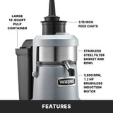 A heavy duty Waring juice extractor with labeled features: large 12-quart pulp container for continuous pulp ejection, 3.15-inch feed chute, stainless steel filter basket and bowl, and a powerful 3,600 RPM 1.2 HP brushless induction motor. FEATURES in bold white text below.