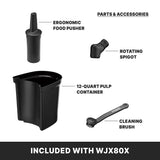 Labeled image showing four parts for the Juice Extractor: an ergonomic food pusher (black cylinder), rotating spigot (black curved nozzle), 12-quart pulp container for continuous pulp ejection, and cleaning brush. INCLUDED WITH WJX80X.