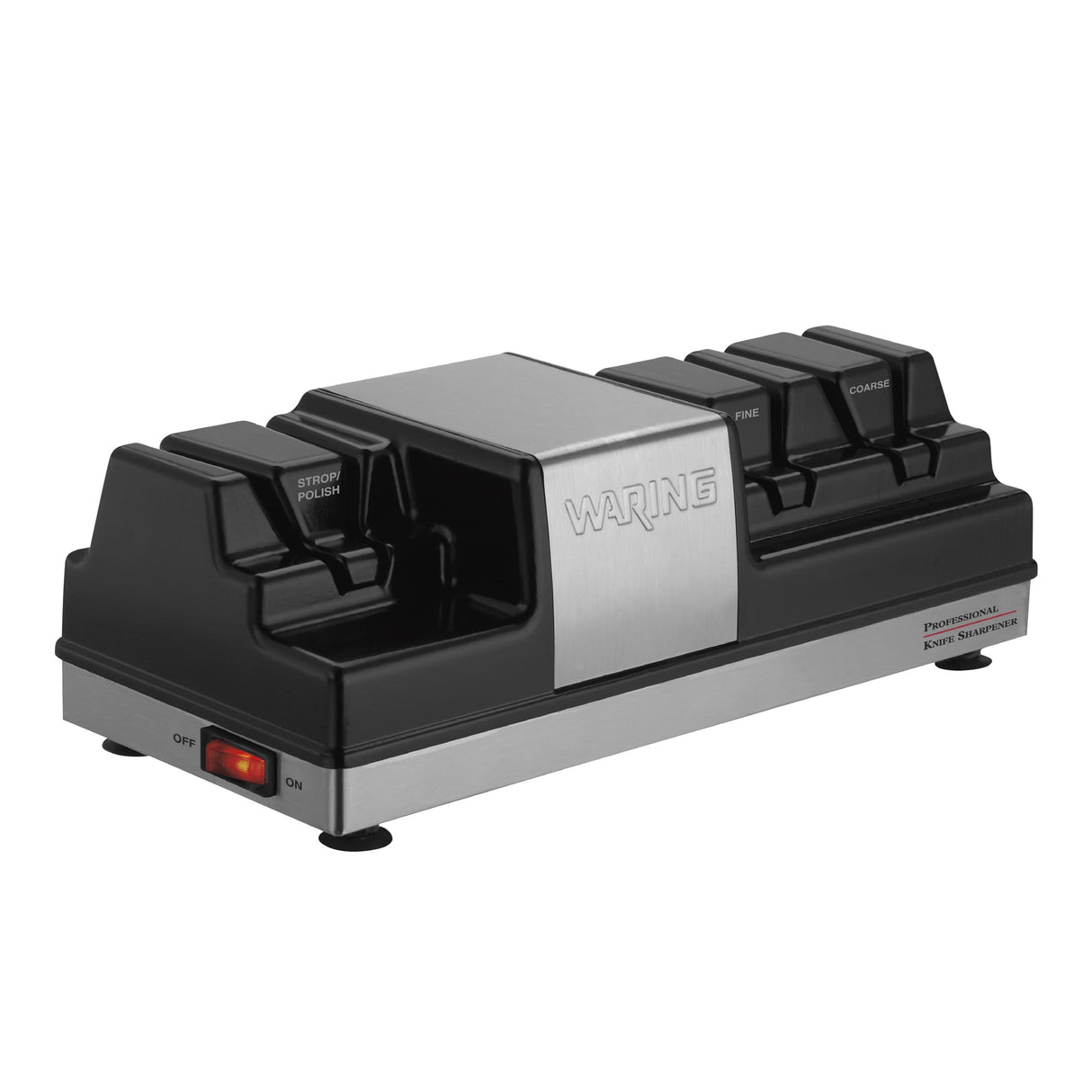 A stainless steel and black electric Knife Sharpener with the brand name Waring on the front, featuring grinding wheels in slots labeled Coarse, Fine, and Strop/Polish. A red power switch sits at the lower left, and the sharpener rests on four small feet.