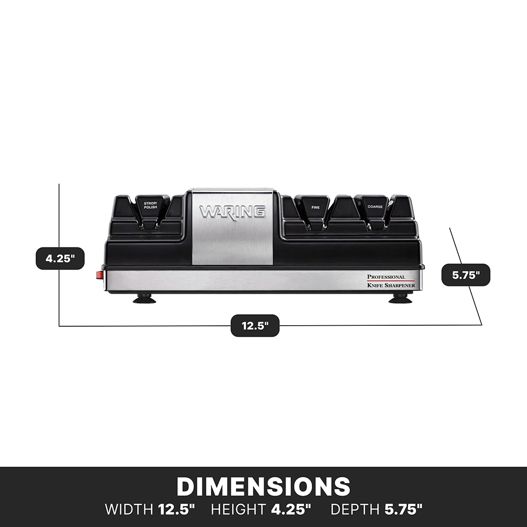 A rectangular electric Knife Sharpener is shown from the front, featuring grinding wheels. Labeled dimensions are width 12.5 inches, height 4.25 inches, and depth 5.75 inches. The silver and black device is marked “WARING” and “Professional Knife Sharpener.”.