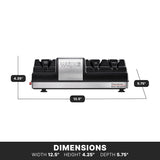 A rectangular electric Knife Sharpener is shown from the front, featuring grinding wheels. Labeled dimensions are width 12.5 inches, height 4.25 inches, and depth 5.75 inches. The silver and black device is marked “WARING” and “Professional Knife Sharpener.”.