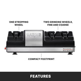A front view of the Waring electric Knife Sharpener shows labeled features: one stropping wheel on the left, two grinding wheels (fine and coarse) on the right, and a note describing its compact footprint. The device is silver and black with labeled slots.