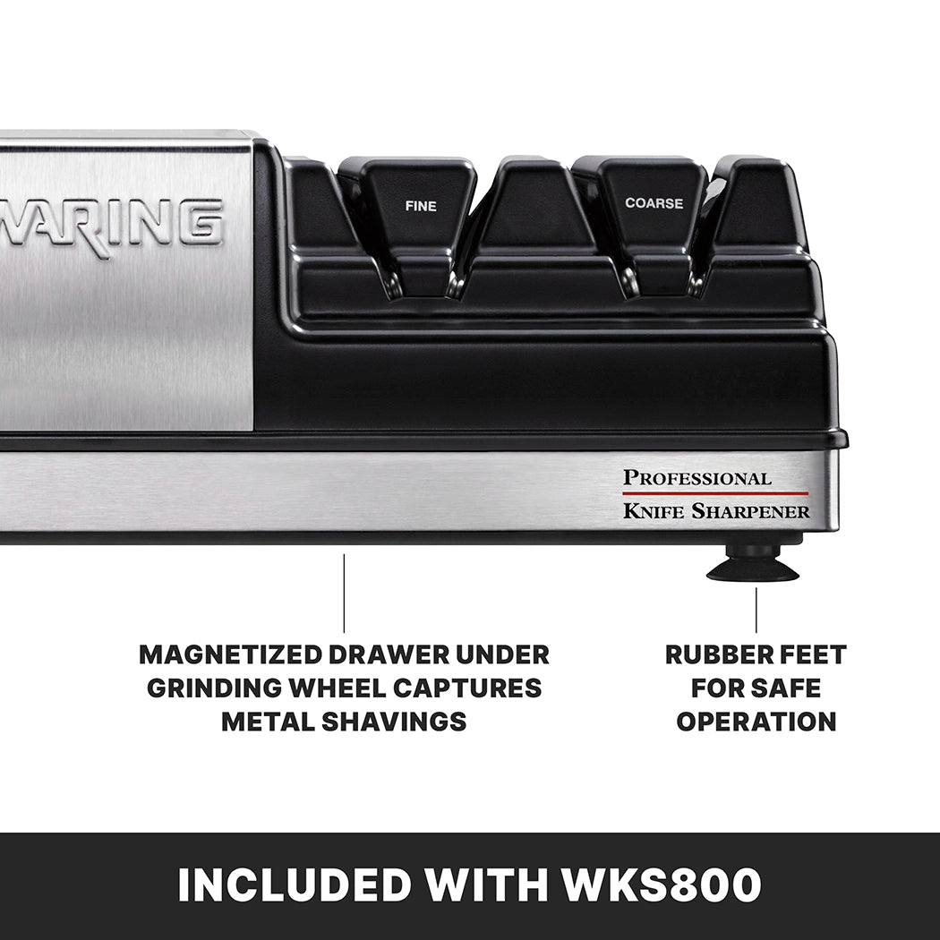 Close-up of the electric Waring Knife Sharpener showing “Fine” and “Coarse” grinding wheels, a magnetized drawer for metal shavings, and rubber feet for stability. Features are detailed with “Included with WKS800” at the bottom.
