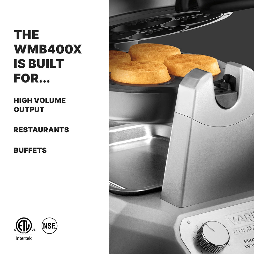 A commercial heavy duty waffle maker with golden waffles inside is shown. Next to it, bold text reads: The WMB400X is built for... High volume output, Restaurants, Buffets. Non-stick waffle plates ensure easy cleaning. Certification logos are at the bottom.
