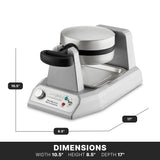 A silver, heavy duty waffle maker sits on a gray base with control knobs. The image includes measurements: width 10.5”, height 8.5”, depth 17”. “DIMENSIONS” is bolded at the bottom, with lines showing each measurement.