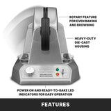 A silver Mini Belgian Waffle Maker with a rotary feature, heavy-duty die-cast housing, non-stick waffle plates, and labeled power/on and ready-to-bake LED indicator lights. The image features its main highlights on a white background.
