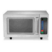 A medium duty Microwave Oven with a stainless steel finish, front digital keypad, numeric buttons, and a display showing 2:30. The door features a large handle, mesh window, and Waring branding. This unit delivers powerful 1000 watts of cooking.